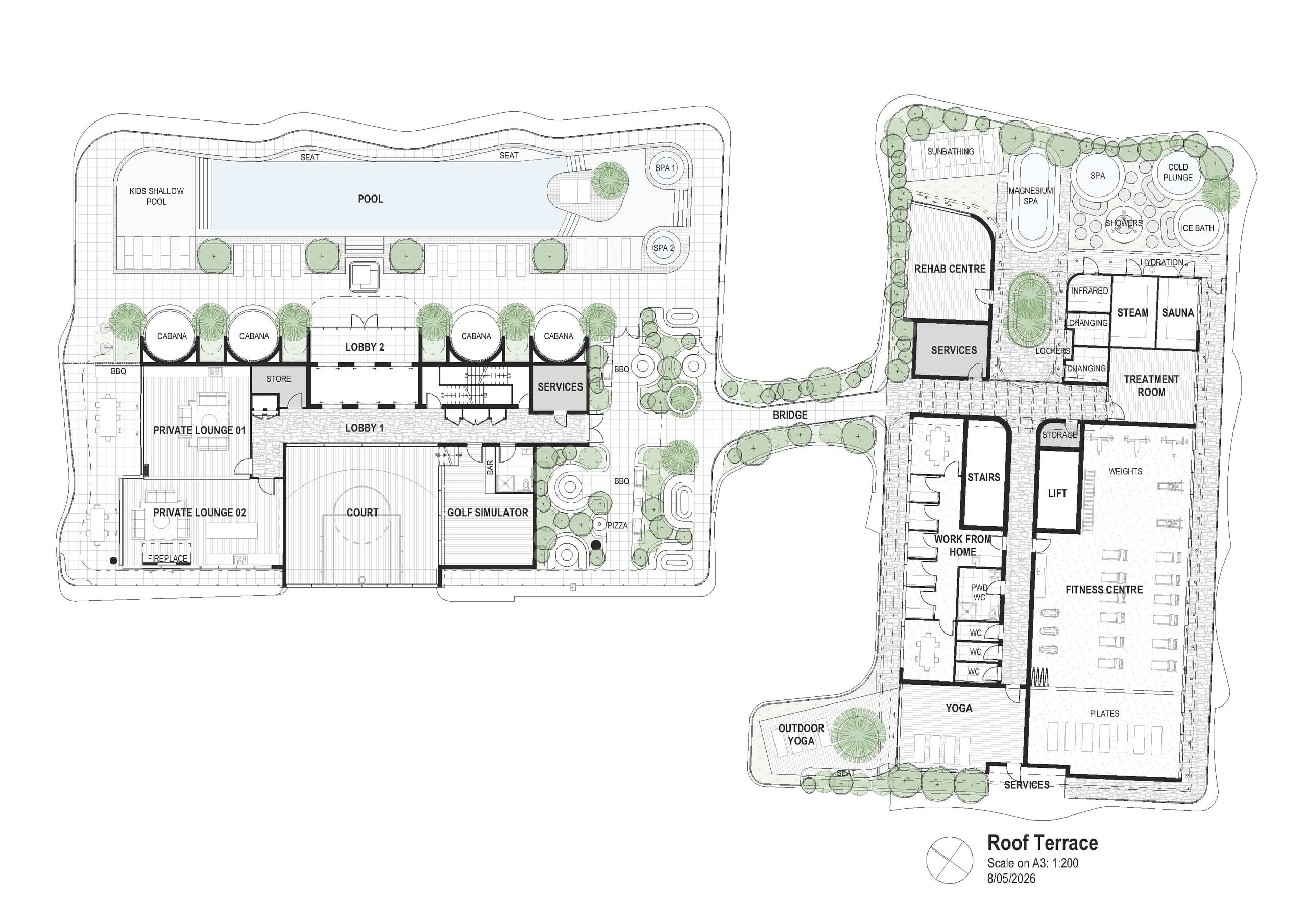Soleira marketing floor plate — roof terrace level, showing both rooftops and the skybridge