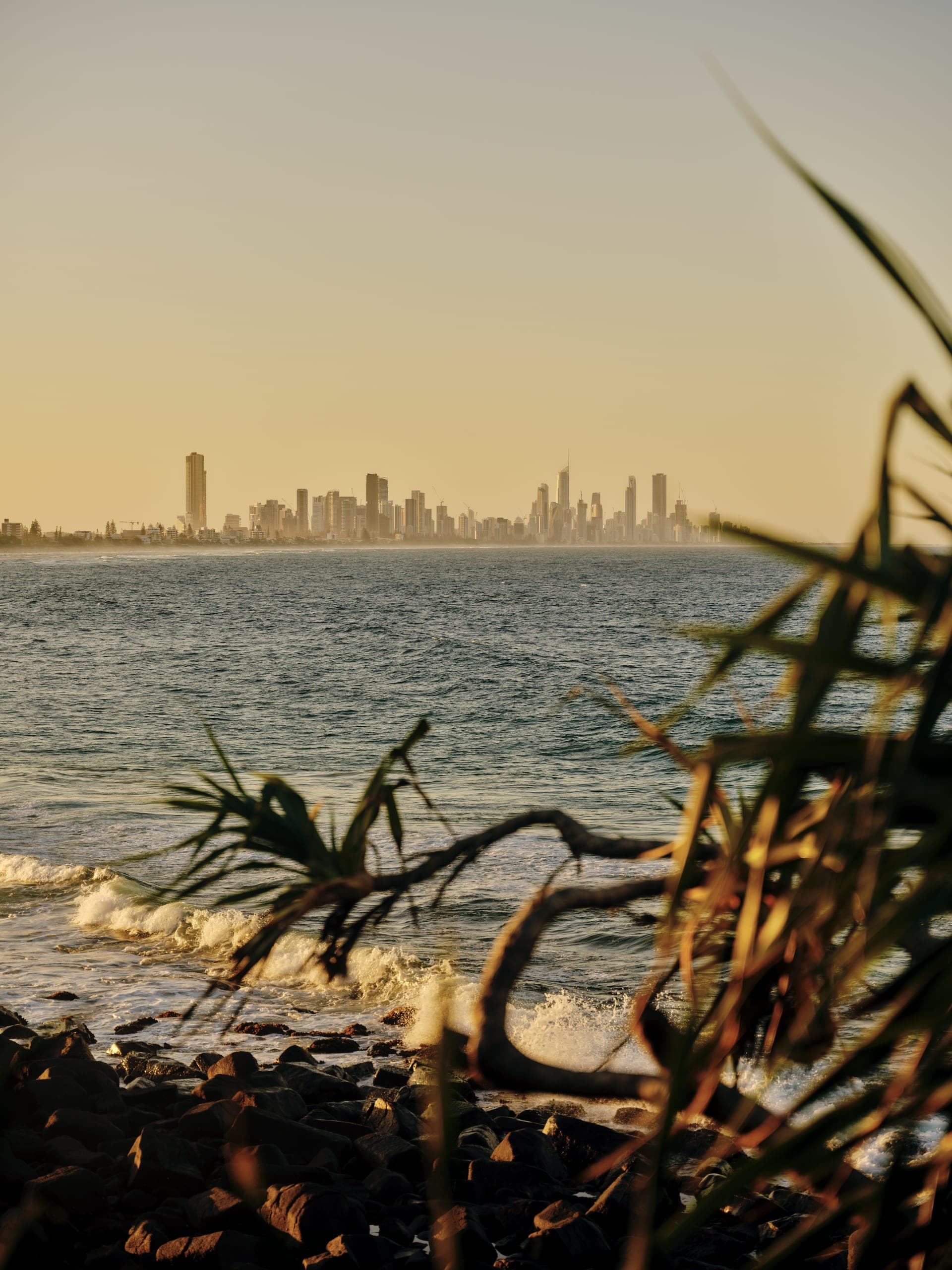 Palm Beach foreshore looking north toward the Surfers Paradise skyline at golden hour.